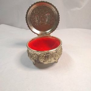 Vtge Japan Silver Metal Box Footed Trinket Jewelry Catcher W/Cherub Angel